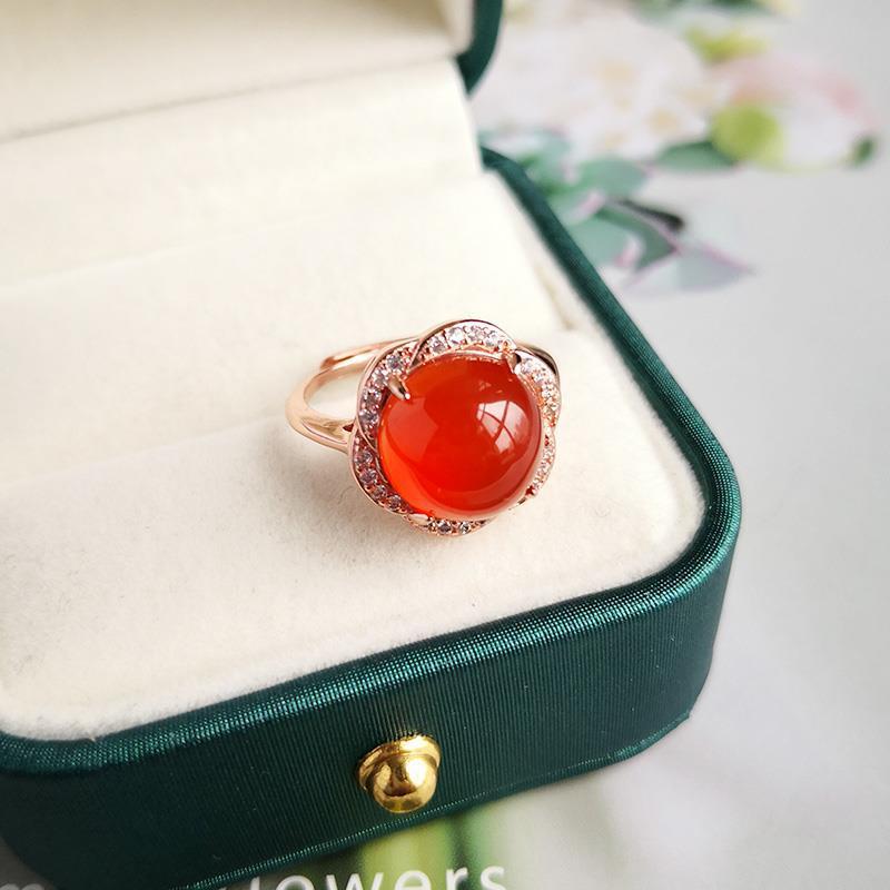 Natural Ice Chalcedony Red Flower Rings for Women Creative Engagement  Inlaid Vintage and Elegant Wedding Jewelry Gift