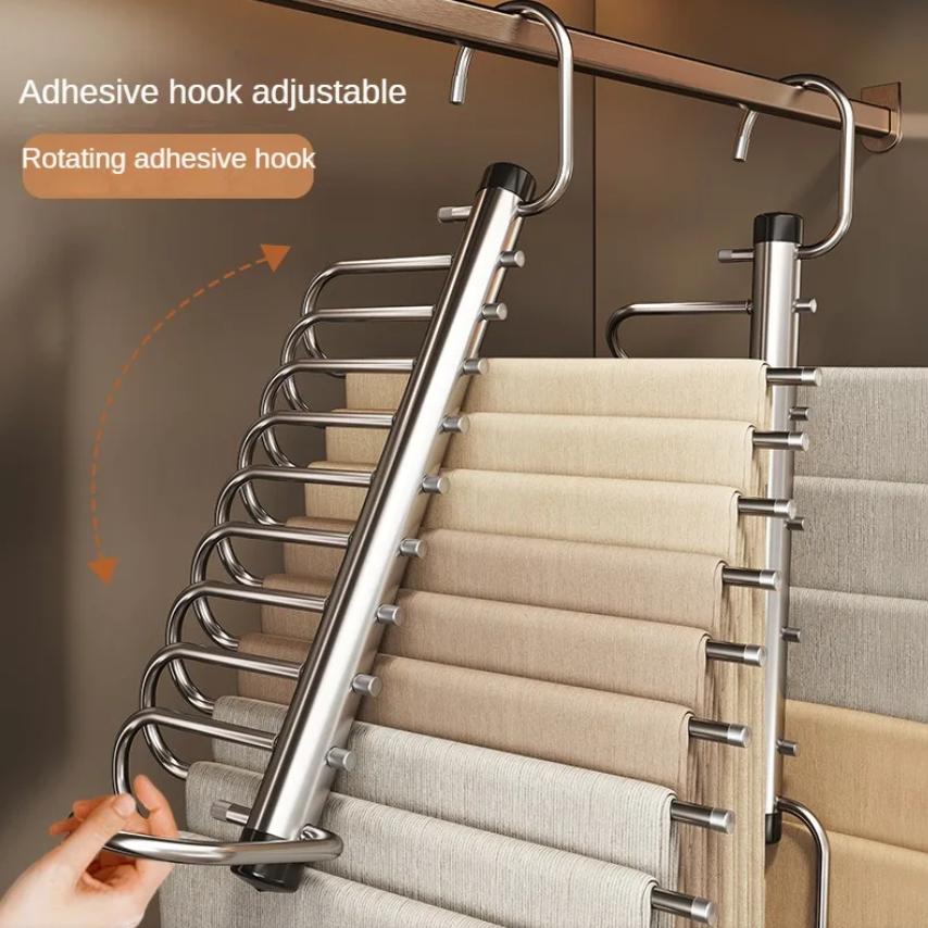 Stainless Steel Folding Pants Hanger – Multi-Layer Magic Clips & Retractable Space-Saving Organizer