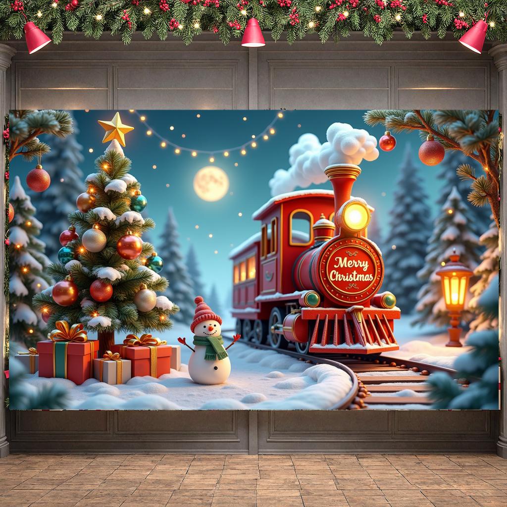 Festive Background Full Moon Merry Christmas Banner Holiday Banner Snowman Figure Xmas Tree Backdrop For Family Gathering