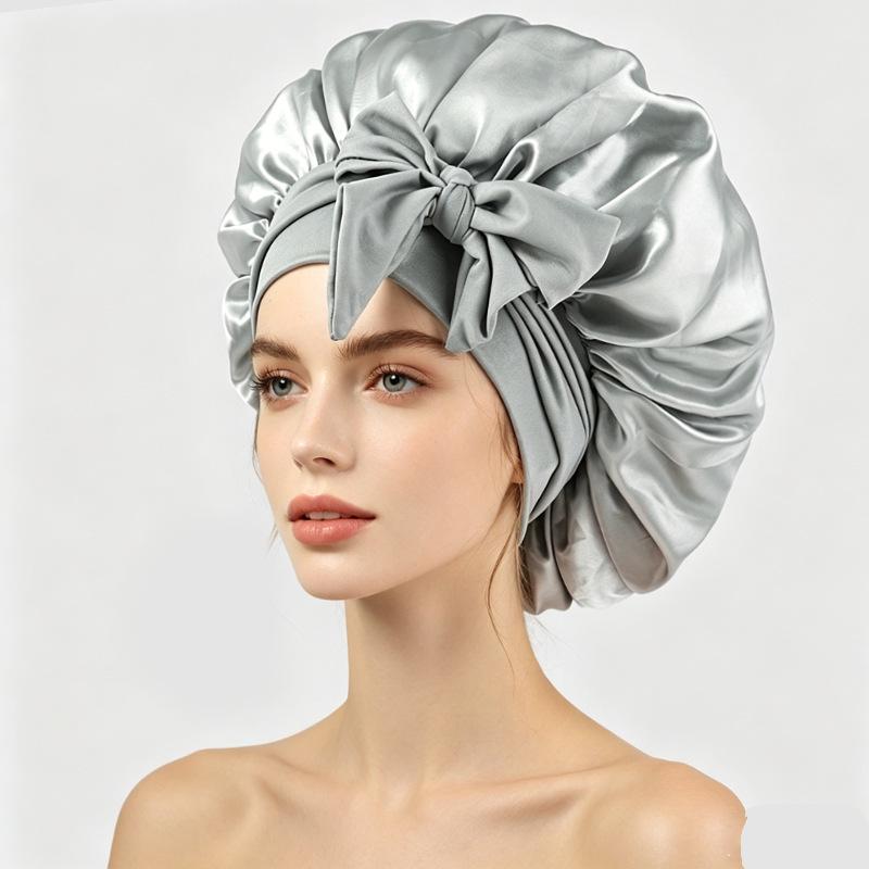 Silky Satin Sleep Cap with Tie-Up Ribbon for Women - Hair Care Hat