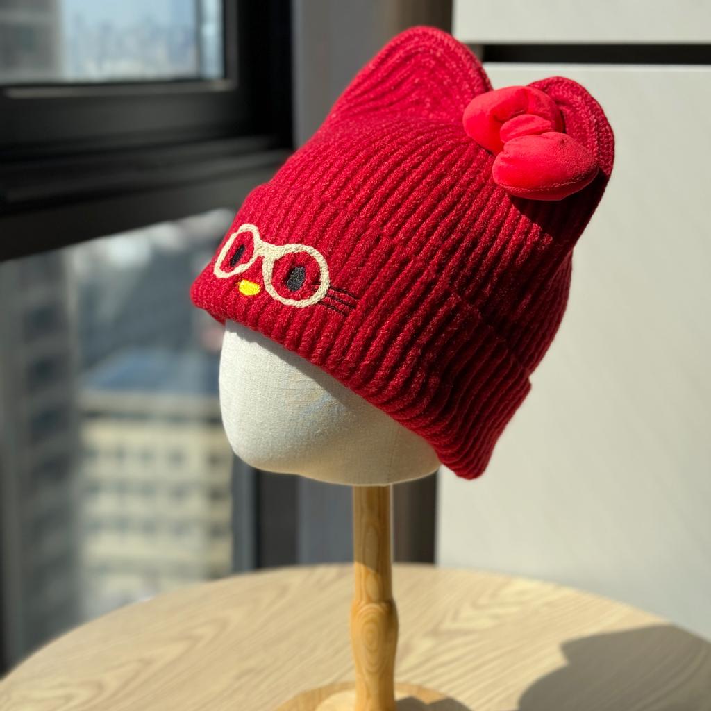 New Autumn and Winter Cute Glasses Bow Wool Hat Women's Fashion Leisure Travel Warm Knitted Hat Cold Hat