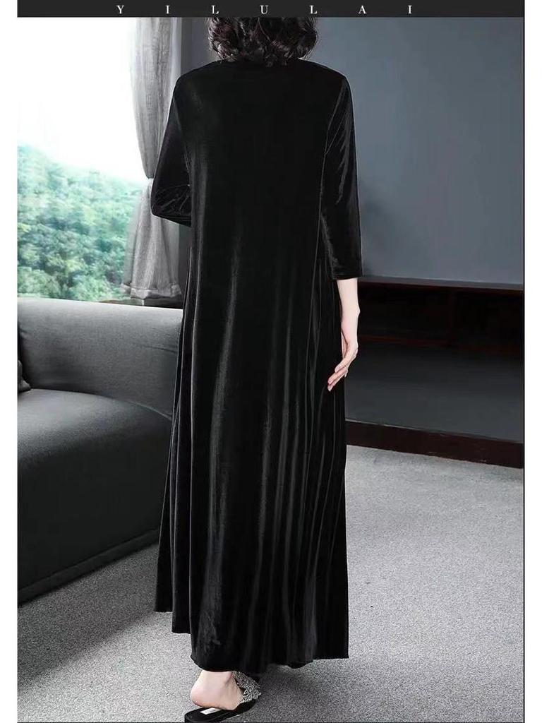 Women's Gold Velvet Knee-Length Dress - Autumn/Winter Collection