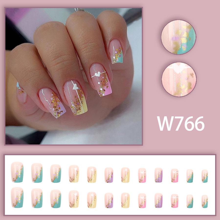 Rainbow Multi-color Heart Slanted Edge French Nails - Cute, Fresh, Fashionable, and Detachable