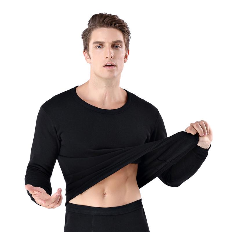 Men's Solid Color Brushed Plus Velvet Thermal Underwear Set for Autumn and Winter