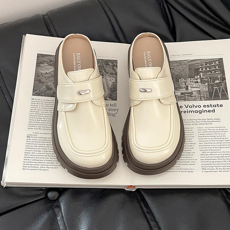 Ji Xiao leather shoes casual Velcro women's imitation leather retro one-pedal platform slippers tide
