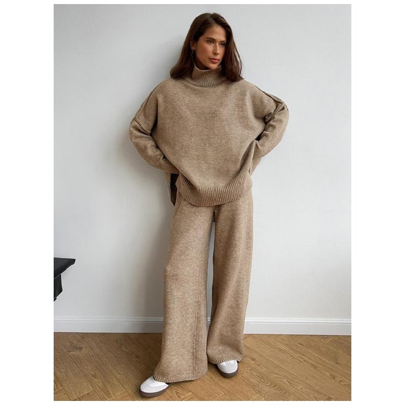 

Європейські товари 2025 осінь та зима новий тонкий в язаний костюм жіночий потовщений вільний светр з високою горловиною широкі штани набір з двох предметів трендовий L верблюд