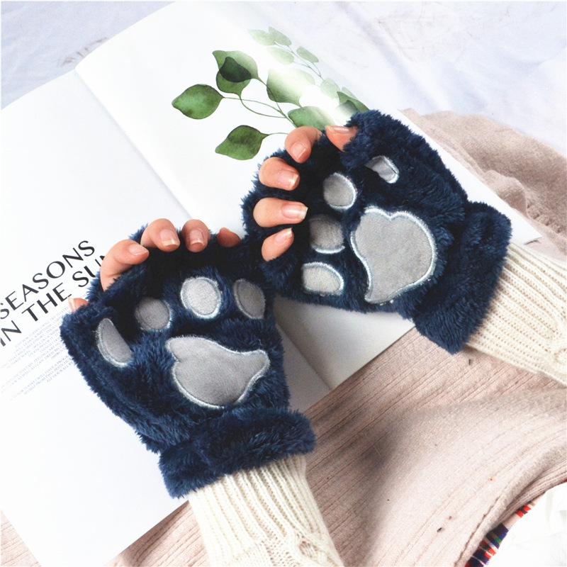 Women Bear Plush Cat Paw Claw Gloves Winter Faux Fur Cute Kitten Fingerless Mittens Gloves Christmas Halloween For Womens Girls