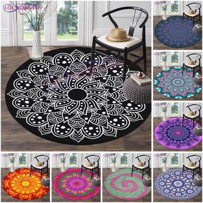 Boho Art Round Rug Flannel Yoga Mat Cushion Living Room Bedroom Study Rug Floor Mat Mandala Print Anti-Slip Chair Mat