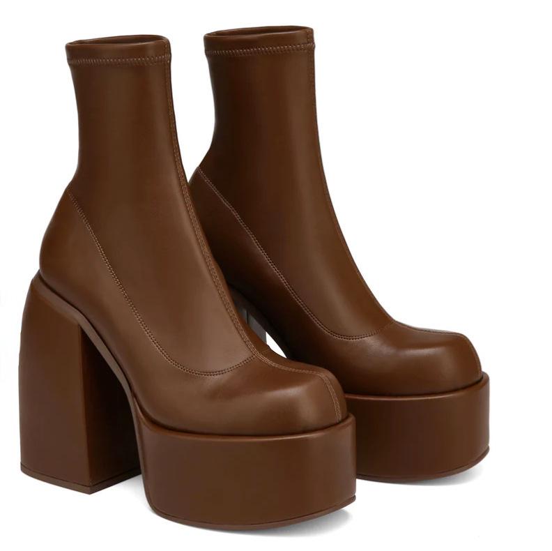 Women's European Punk Chunky Heel Ankle Boots, Waterproof Elastic Platform, Leg-Slimming, Spring/Autumn, Size 43.