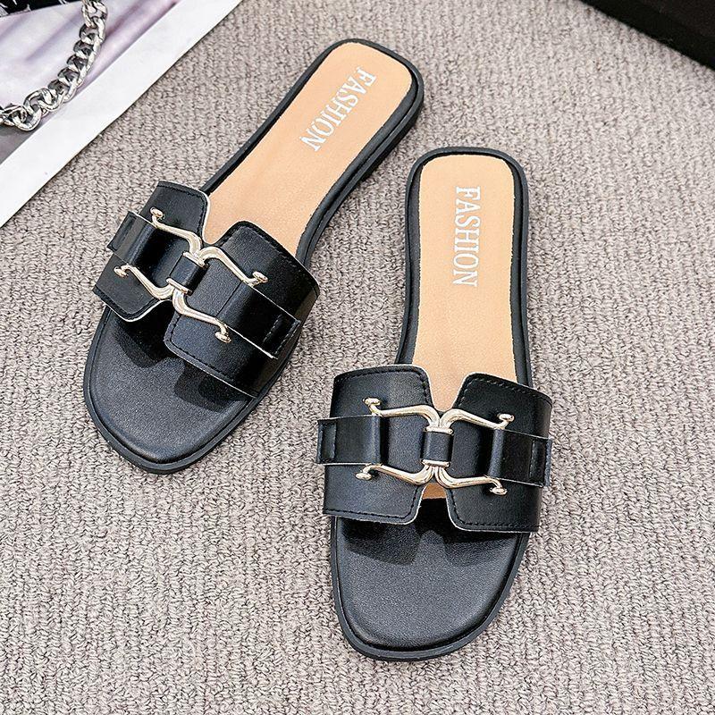Flat-bottomed Slippers Women's Outer Wear 2025 Summer New Fashion Square Head One-word Drag Versatile Non-slip Cool Slippers