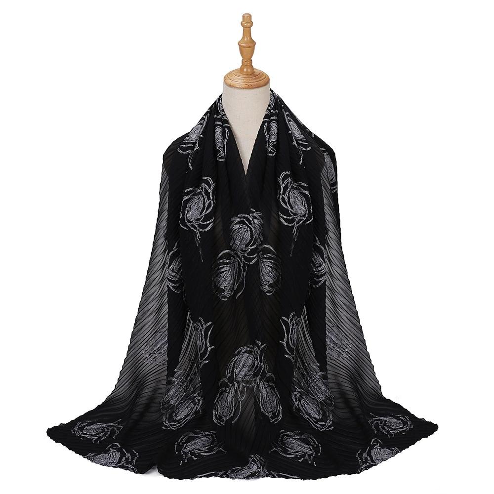 Women Pearl Chiffon Pleated Chiffon Hijab Scarf Islamic Clothing Headscarves Flower Shawls Headwraps For Ladies 70*165Cm