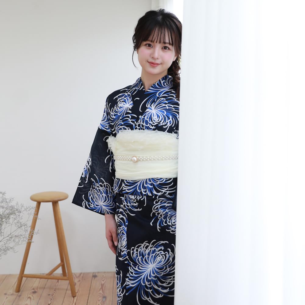 Yukata Set Blue with White and Light Blue Love Yukata Set [Brilliant Peace] "Wa Nadeshiko" Women's "Navy Chrysanthemums" Heart-Pounding 2-Piece
