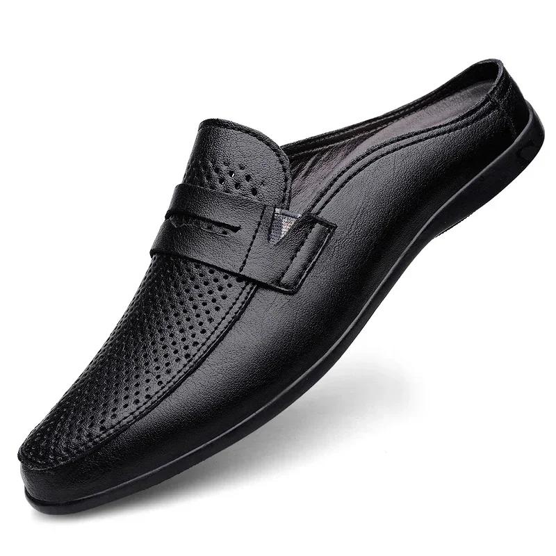 Genuine Leather Half Drag Lazy Loafers Comfy Casual Driving Flats Handmade Men Muller Shoes Travel Man Slip-on Shoes Moccasins