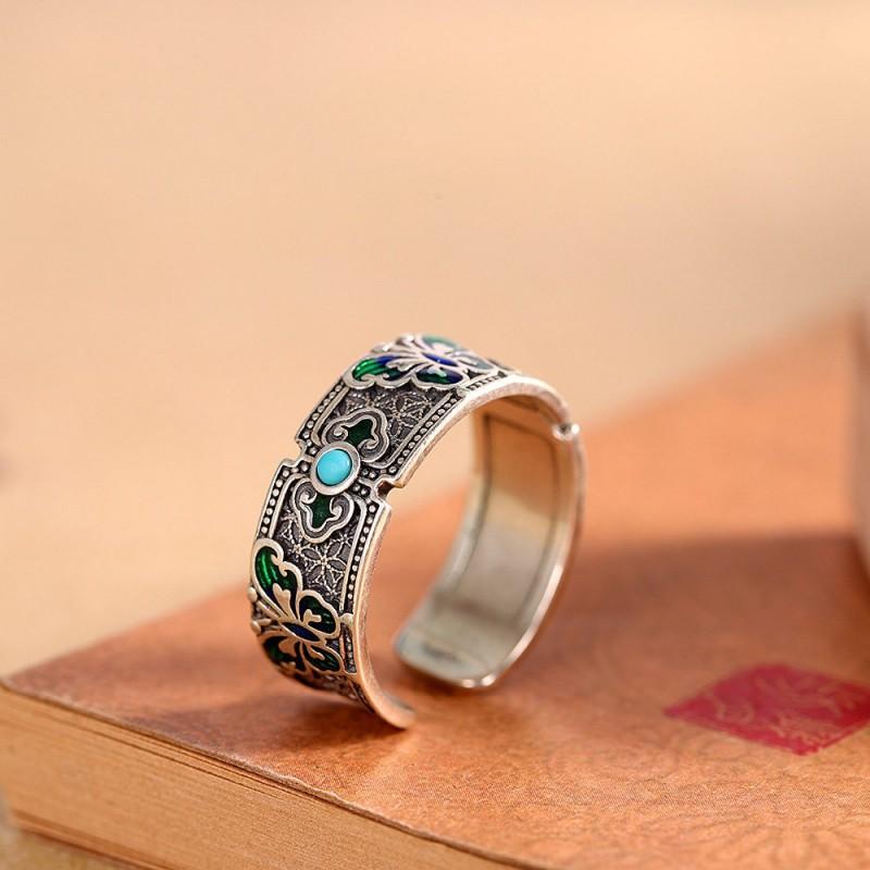 Adjustable Open Ring With Enamel Butterfly Natural Turquoise Stone Vintage Bohemian Style Copper Jewelry Women Men