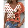 Summer V-neck 3D Flower Themed Pattern Printed Top Fashionable Casual Short Sleeved Women's T-shirts