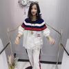 Women's Striped Summer Sports Suit: Loose Pleated Half-Sleeve Top & Ankle-Length Pants Two-Piece Set