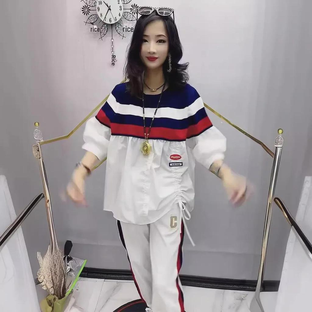 Women's Striped Summer Sports Suit: Loose Pleated Half-Sleeve Top & Ankle-Length Pants Two-Piece Set