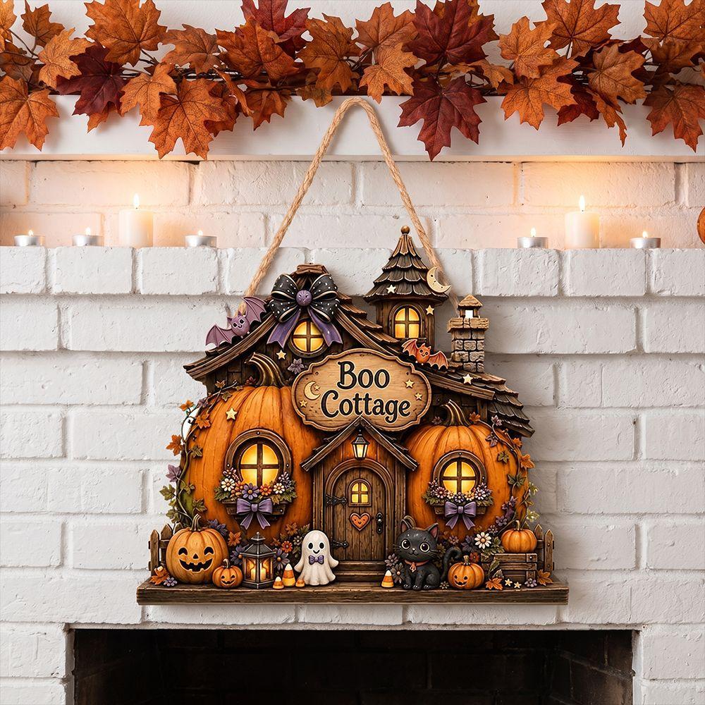 Autumn Halloween Wooden Ghost Castle Pumpkin House Style Courtyard Entrance Wall Welcoming Decoration Doorplate