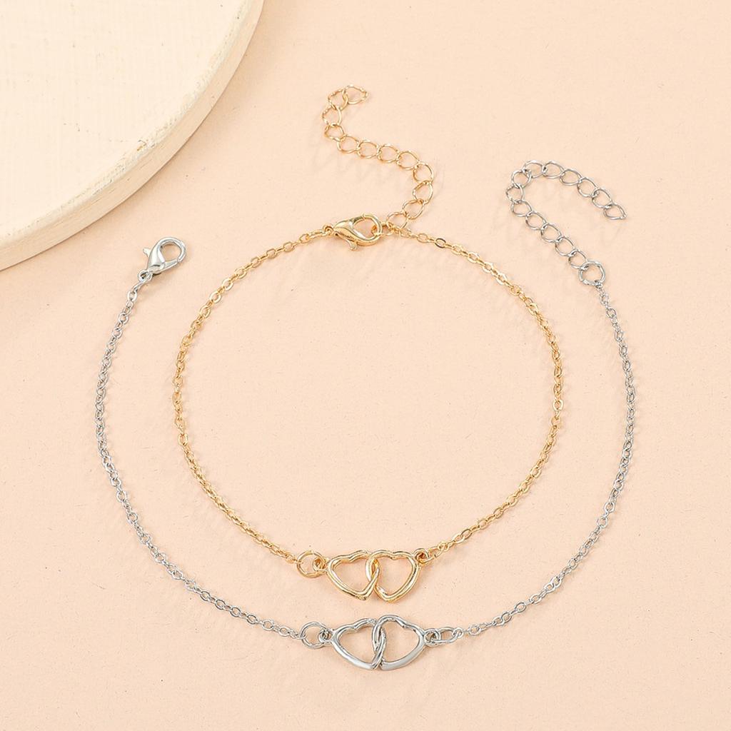 Interlocking Double Hollow Heart Thin Chain Anklet Minimal Romantic Adjustable Foot Jewelry for Women Beach Daily Accessory