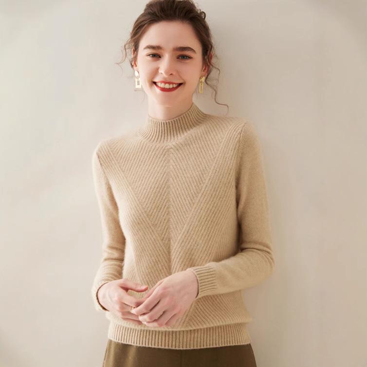 Women's High Neck Cashmere Knit Sweater - Thickened Loose Fit Pullover for Autumn/Winter
