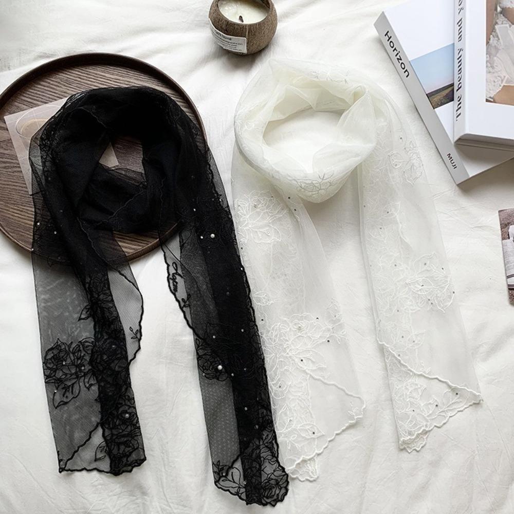 Foreign Style Lace Silk Scarf Pearl Triangle Scarf Fashion Long Scarf