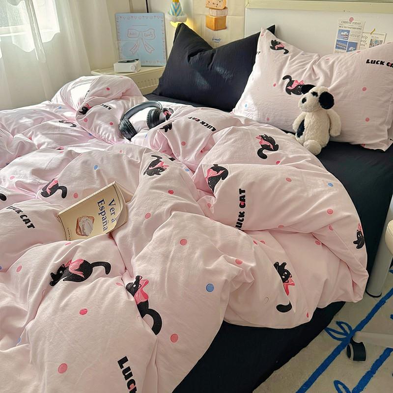 INS Cartoon Pattern Bedding Set For adults kids Fluffy pink lovely Flat Sheet With Pillowcases Colorful King Queen Full size