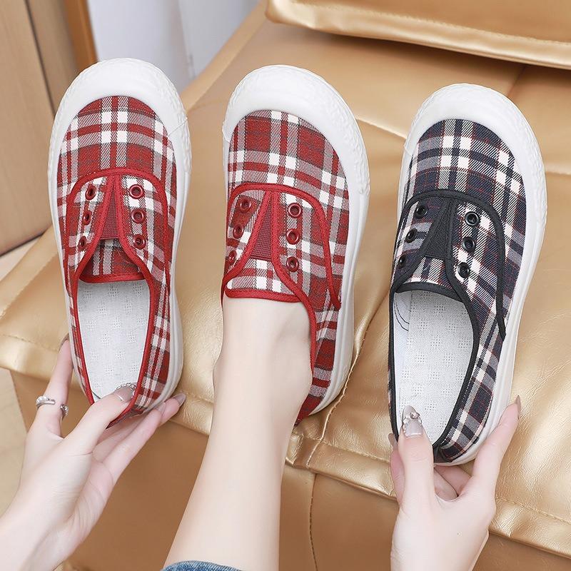 Spring and summer fashion trend women's plaid canvas shoes flat-bottomed one-pedal lazy shoes comfortable, lightweight and breathable student shoes