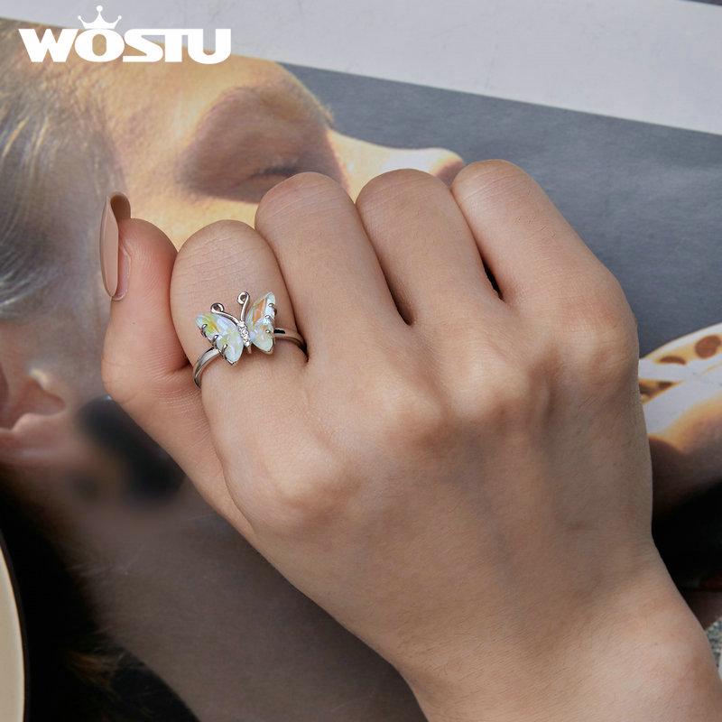 WOSTU Real 925 Sterling Silver Rainbow Crystal Butterfly Band Rings For Women Cute Insect Delicate Party Jewelry Gift