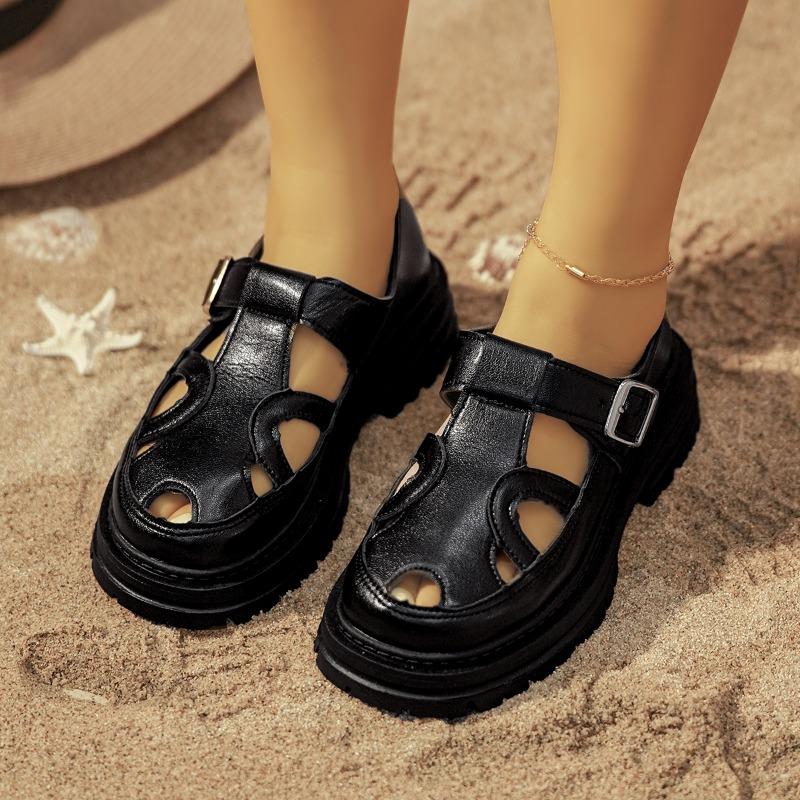 

Hollow-out Block Heel Sandals Fashion Round Toe Deep Mouth Straight Band Platform Non-slip Wear-resistant Women s Shoes 43 чорний