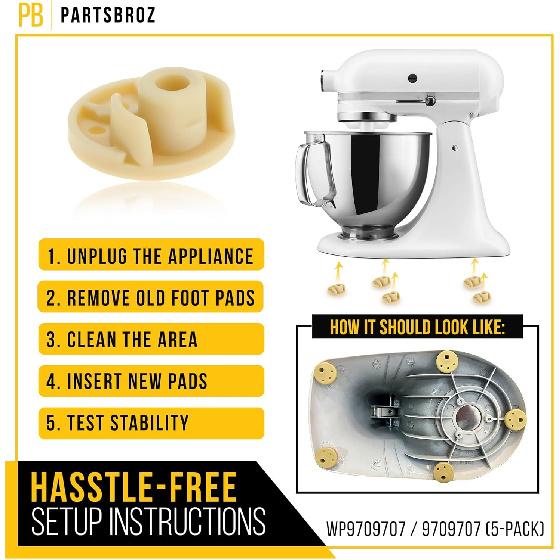 PartsBroz WP9709707 9709707 Rubber Foot Pads (5-Pack) - Compatible With Whirlpool KitchenAid Stand Mixer Blender - Replaces AP6013808 115792 1376946