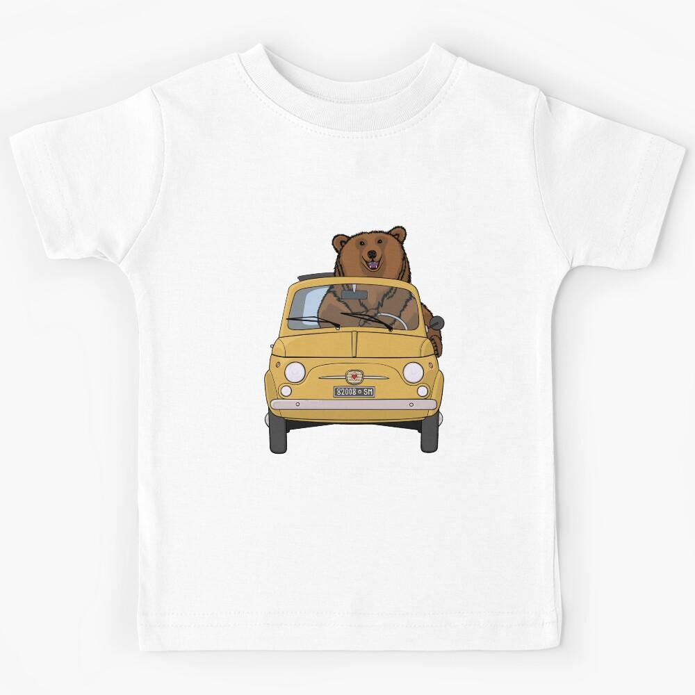 Brown bear driving a yellow retro Fiat 500 Kids T-Shirt 160