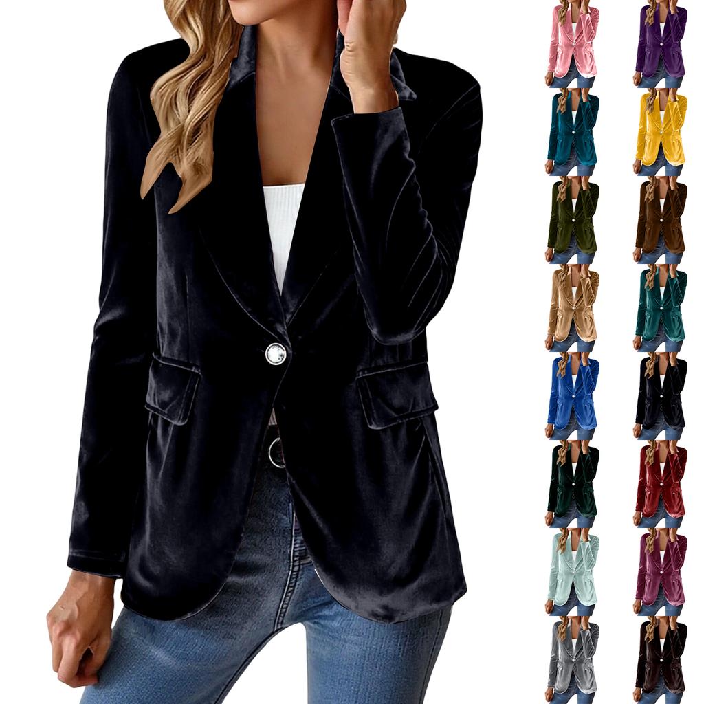 Women's Fashion Elegant Solid Color Long Sleeve Velvet Blazer Button Closure Notched Lapel Suit Jacket for Office Work Casual Wear
