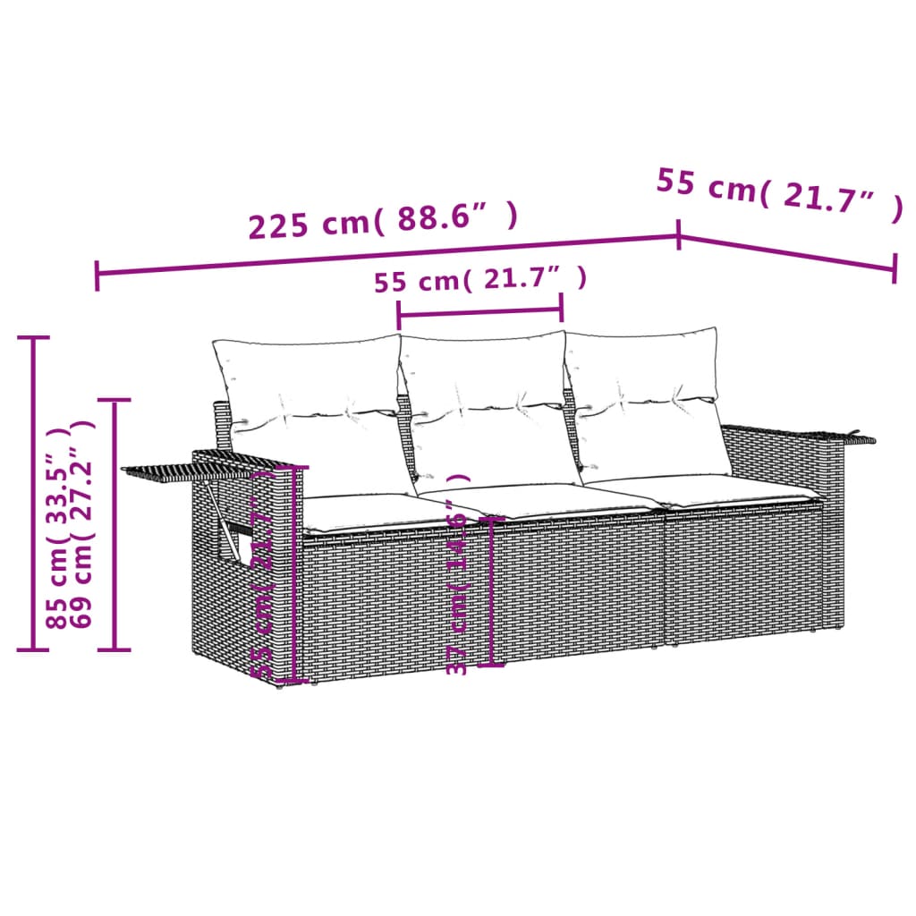 3 Piece Grey Outdoor Sofa Set with Cushions Poly Rattan