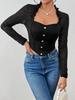 European American Slim-fit Black Lace Patchwork Long Sleeve Women's Top for Autumn Winter