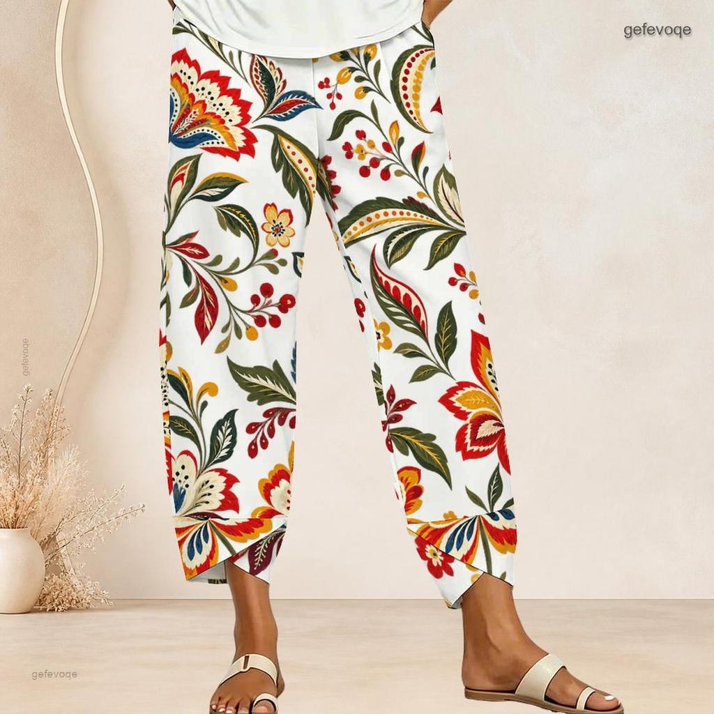 Women Plus Size Paisley Printed Teal White Loose Cropped Pants Cross Hem With Pockets