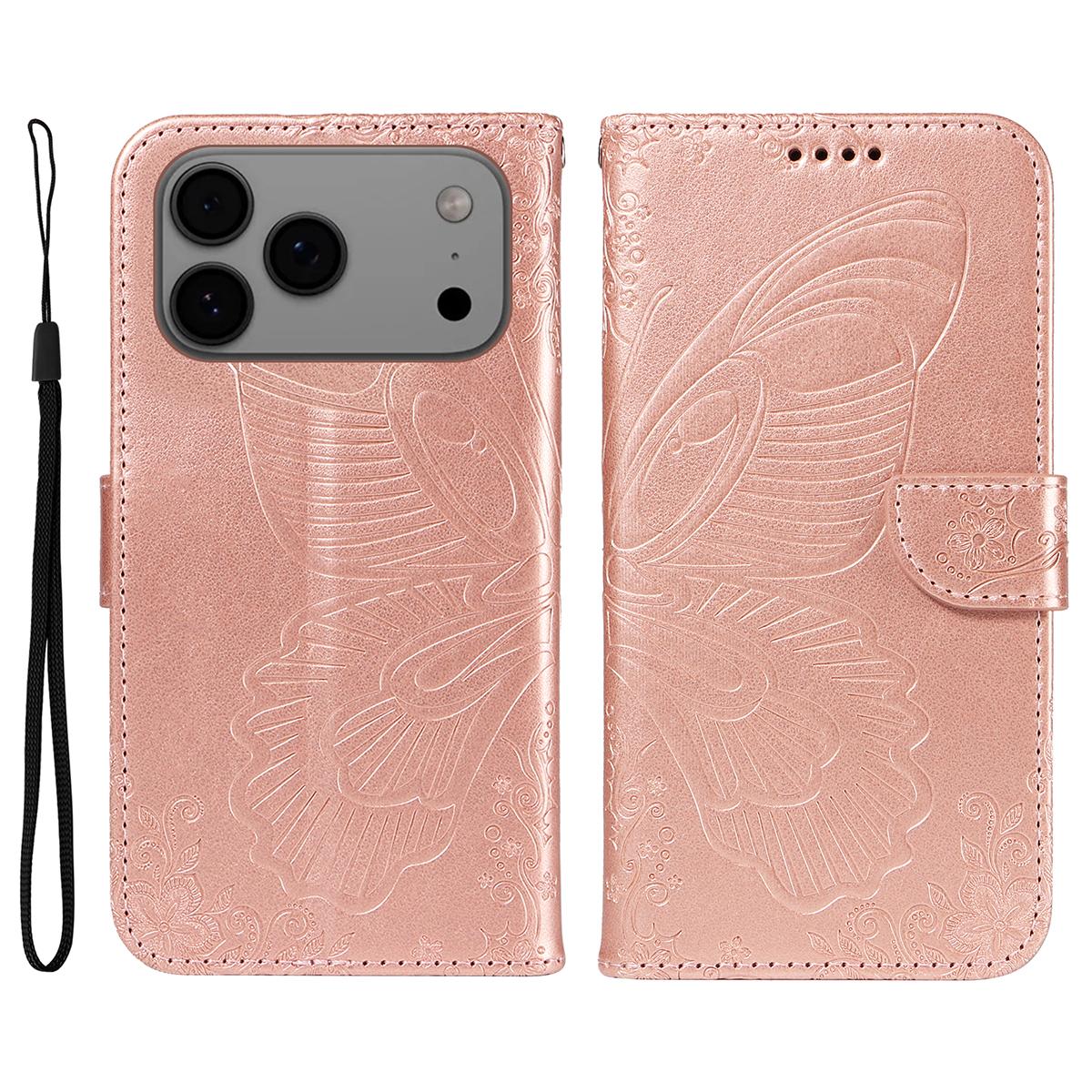 

For iPhone 17 Pro Max Case Butterfly Pattern PU Leather Folio Flip Phone Cover Rose Gold