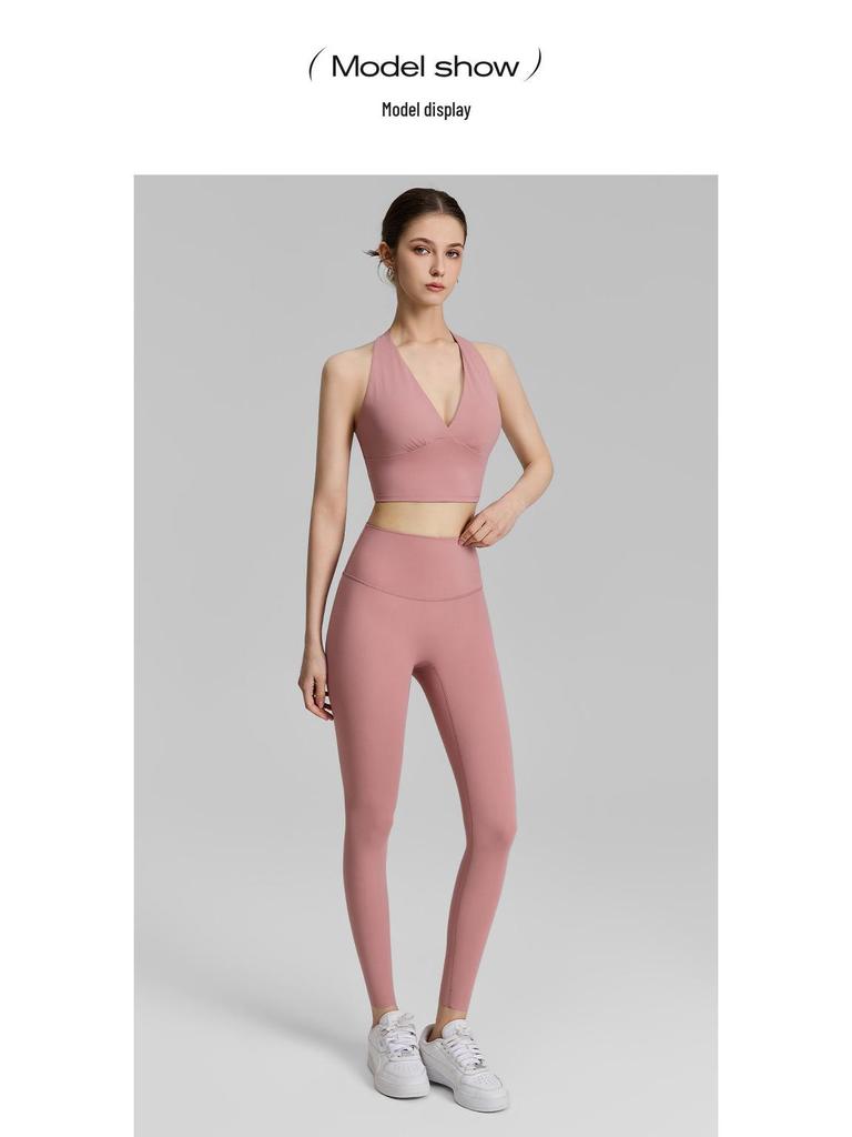 Spring Women's V-neck Sports Bra & Halterneck Yoga Tank Top with Fixed Cups - Supports Underarm Fat