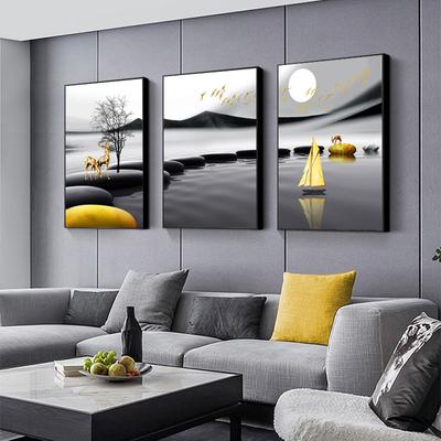 Modern Landscape Poster Black Yellow Stone Boat Deer Art Wall Canvas Painting Scandinavian Print Wall Panel Decoration Living Room