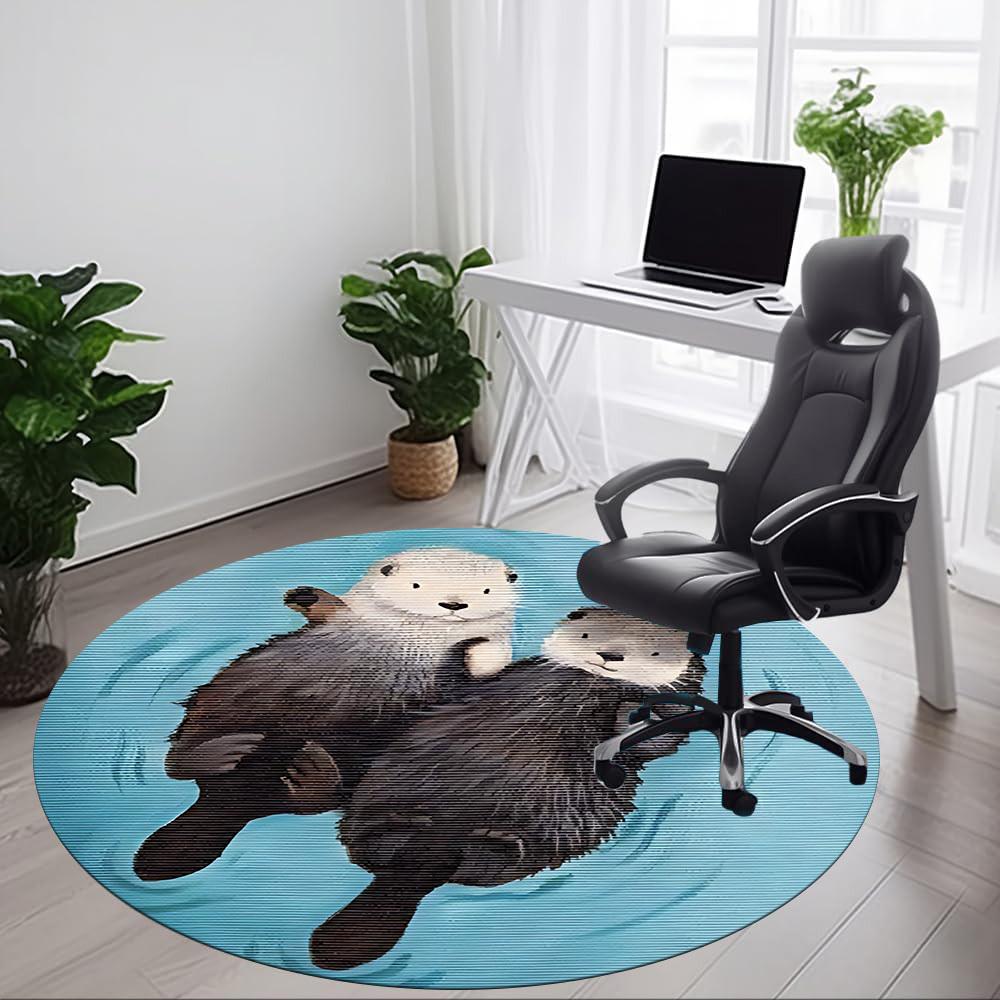 1pc Otter Family Office Round Area Rug, Indoor Mat Suitable For Office, Under Office Chairs Bedroom Living Room Home Decor, Room Deco