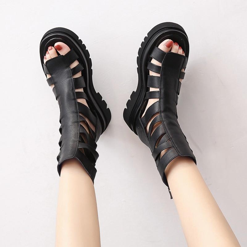 Trendy black Martin boots 2025 new summer casual women's short boots sandals Roman hollow cool boots platform boots