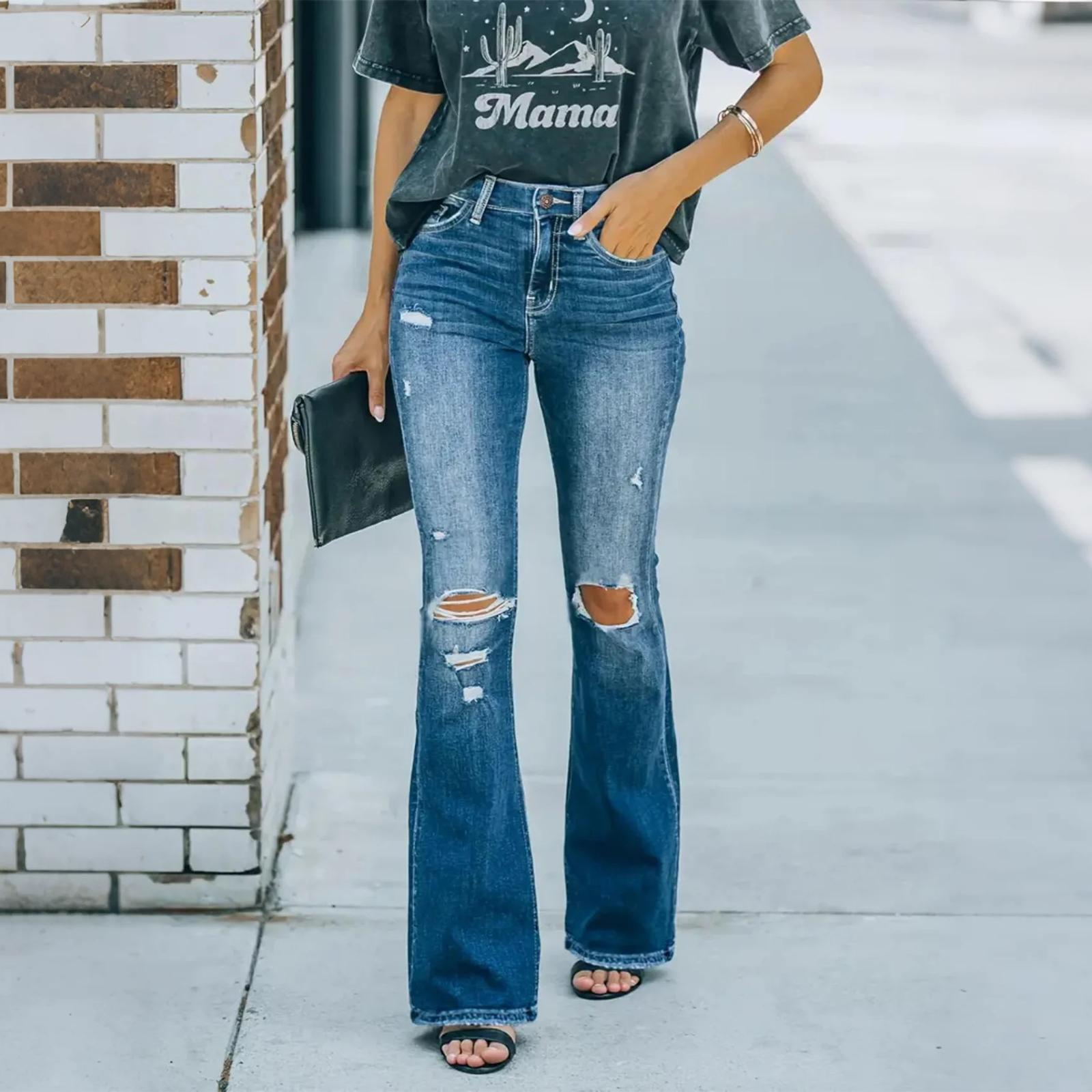 

Женские потертые женские джинсы с высокой талией Модные универсальные прямые брюки M