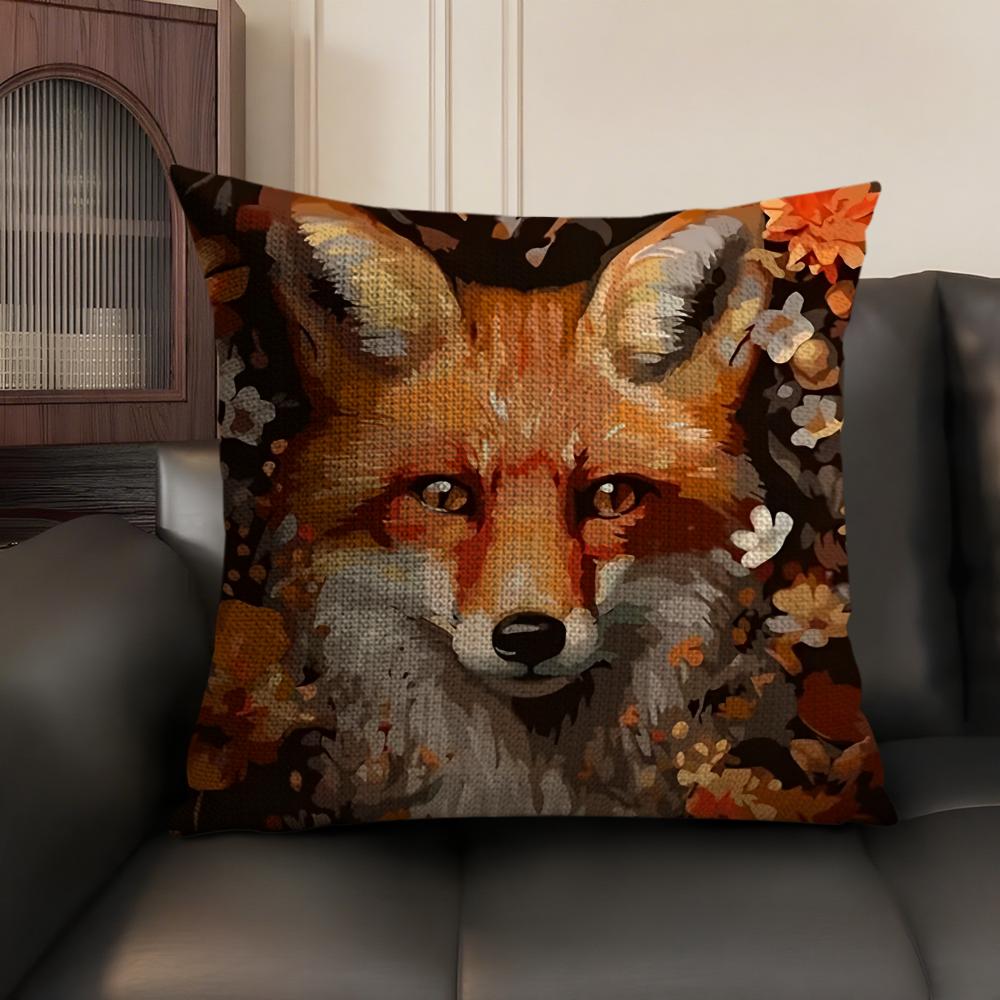 Cute Fox Cushion Cover Summer Breathable Linen Organic Fabric Double-Sided Printing Sofa Pillow Case Home Decor