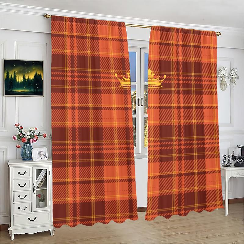 2Pcs- Orange plaid - Printed curtains -100% polyester for bedroom curtains and living room decor.