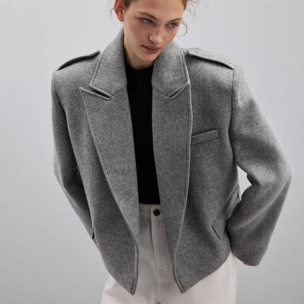 Fall Winter New Women's Loose Wool Blazer Notch Lapel Epaulette Oversized Jacket Outerwear
