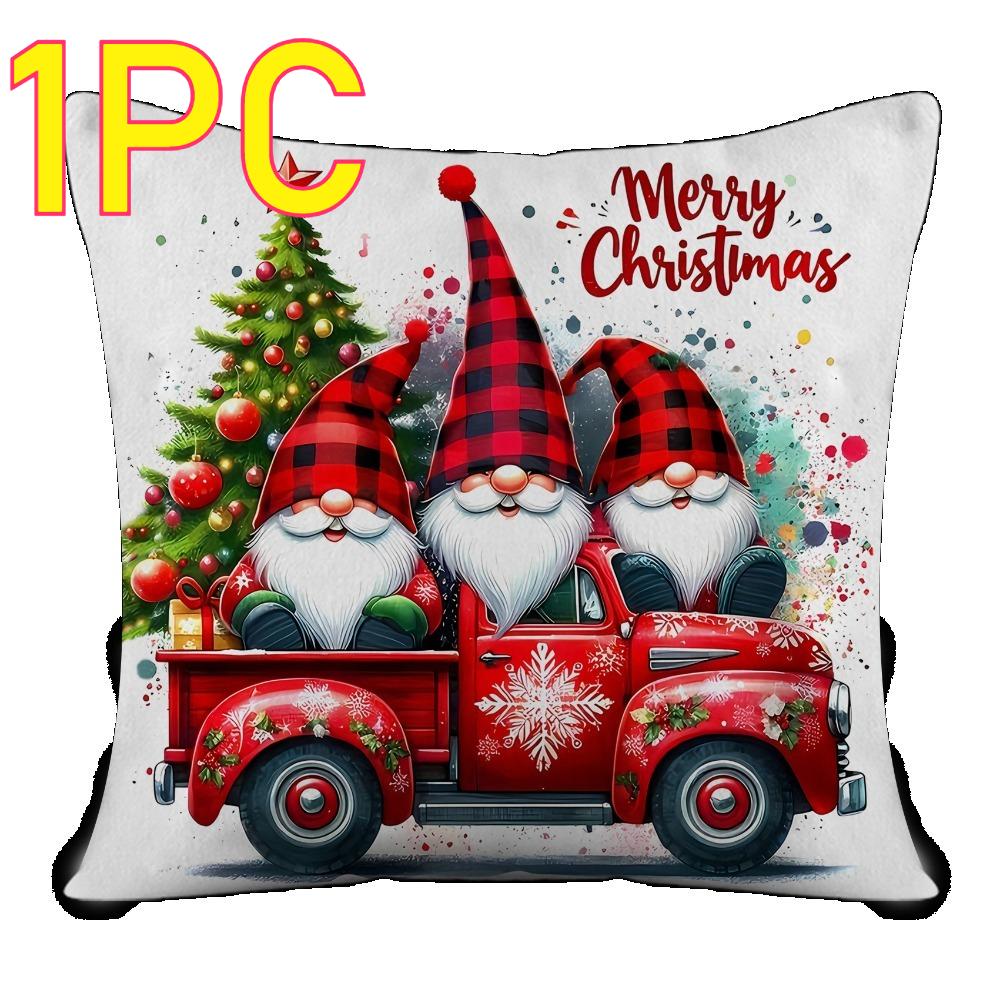 1pc Christmas Print Pillow Cover -  Wreath & Santa Design, Soft Polyester with Hidden Zipper