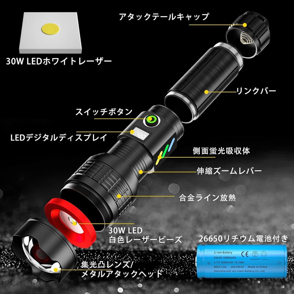 Aicdas Powerful LED 6 Dimming Focus Handheld IP67 5000mAh 26650 Aluminum Alloy Perfect for Outdoor Disaster Power and Nighttime Portable Flashlight,