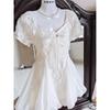 French gentle and sweet wind mesh stitching beautiful and unique temperament waist puffy short skirt jacquard short sleeve dress