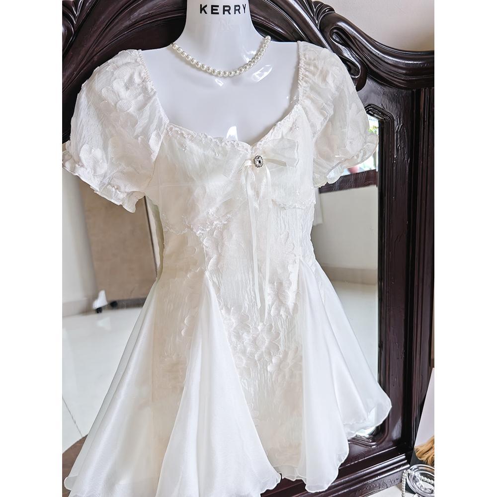 French gentle and sweet wind mesh stitching beautiful and unique temperament waist puffy short skirt jacquard short sleeve dress