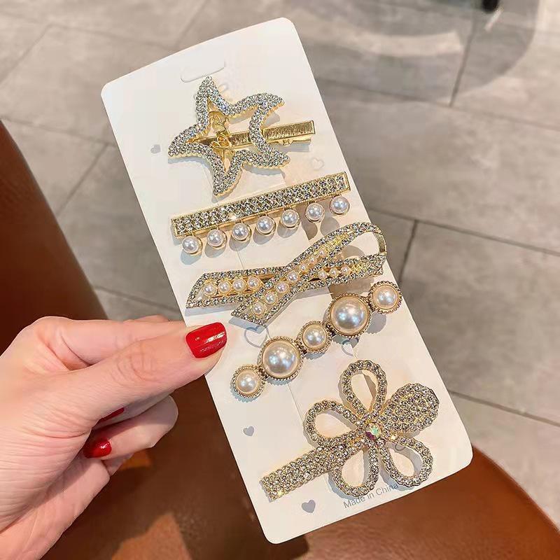 6-Piece Retro Korean Style Hair Clip Set with Bear, Pearl, Rhinestone, and Fairy Designs
