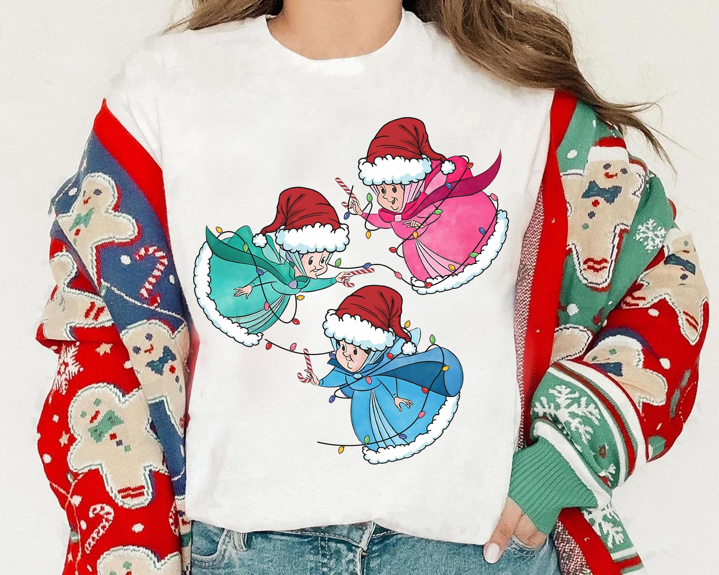 Women Unisex Sleeping Beauty Good Fairies Shirt Flora Fauna Merryweather Christmas Light Santa Costume Tee S